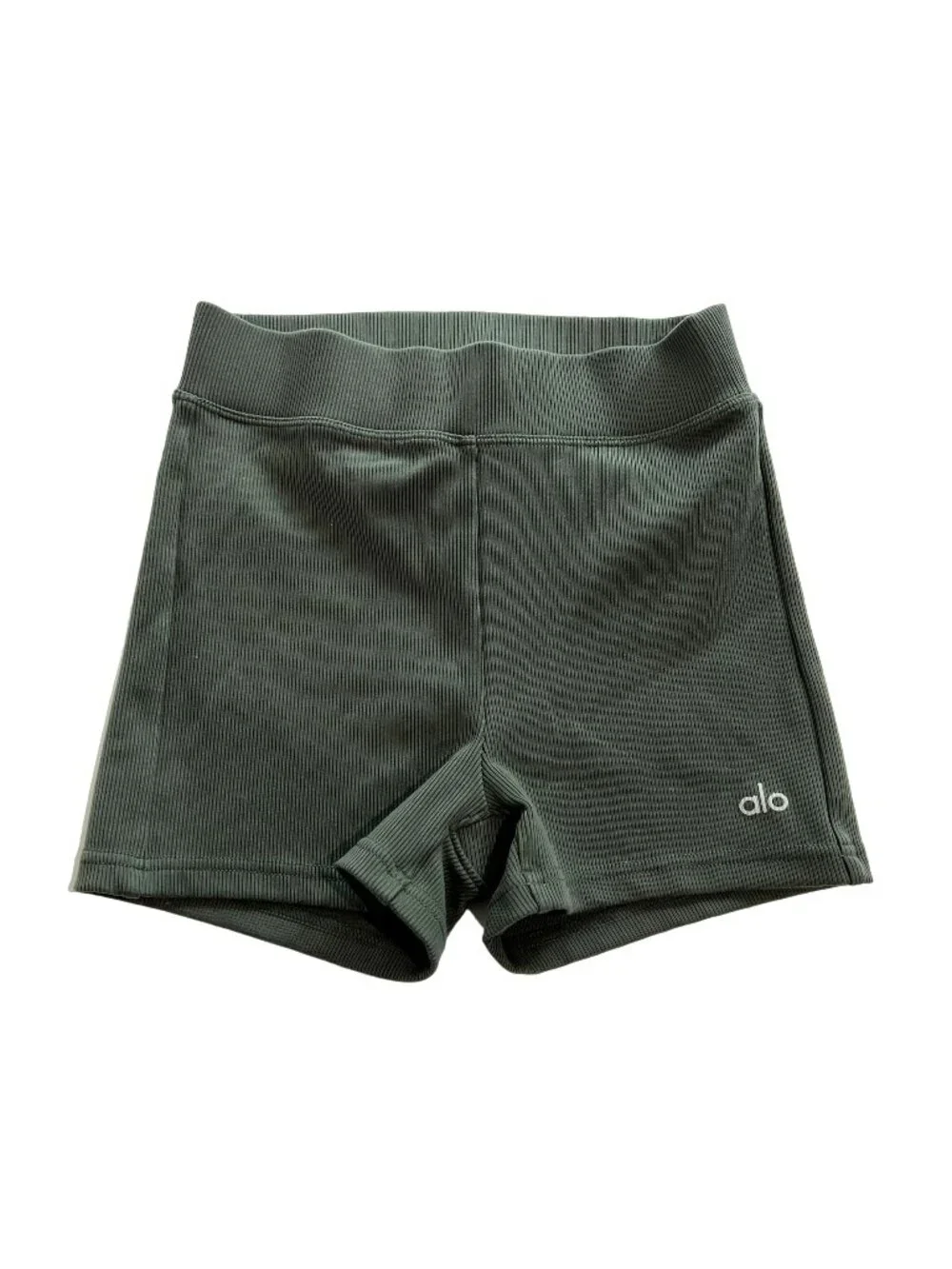 ALO Yoga Goddess Ribbed High-Waist Hot Shorts in Dark Cactus Green